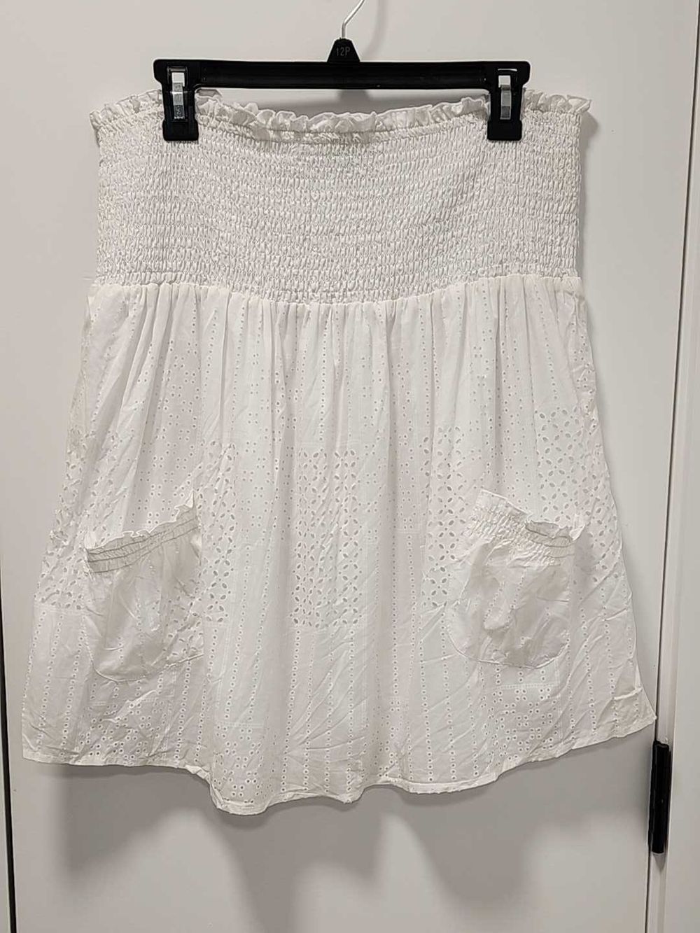 At Last White Eyelet Smocked A-Line Top with Pockets